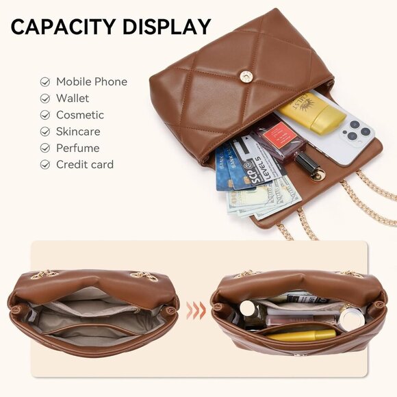 Small Vegan Leather Quilted Crossbody Bag with Chain for Women - Picture 5 of 7